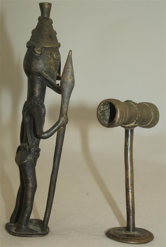 A Benin bronze figure of a warrior, 4.5in.